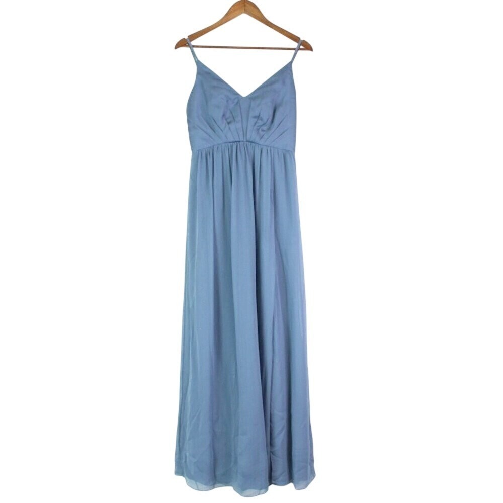 Vera Wang White V-Neck Mesh Back Bridesmaid Dress in Steel Blue Size 4